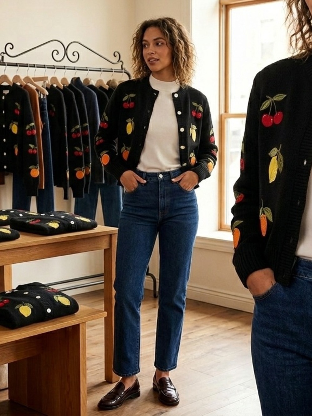 Vintage Coldwater Creek Black Knit Cardigan with Beautiful Embroidered Fruit - M